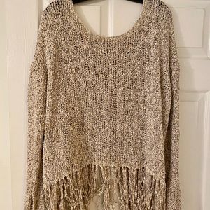 Very J Crew Neck Knit Fringe Sweater